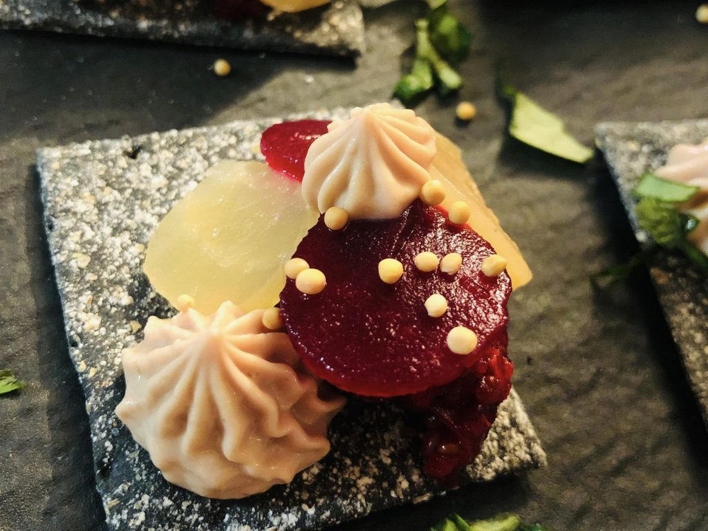 Pickled beetroot, smoked beetroot, beetroot quinoa and foie royale